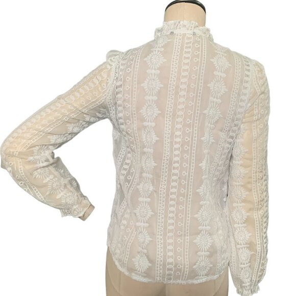 Sheer White Embroidered Faux-Pearl Button Down Blouse 112L - Picture 4 of 7